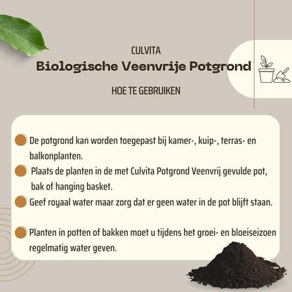 Culvita - Biologische Veenvrije potgrond 40 liter - Potgrond voor kamerplanten & buitenplanten - inclusief organische meststof