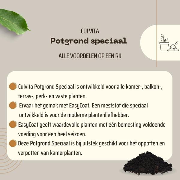 Culvita - Potgrond speciaal met 6 maanden voeding 40 liter - Premium grond voor kamerplanten & buitenplanten - inclusief EasyCoat plantenvoeding